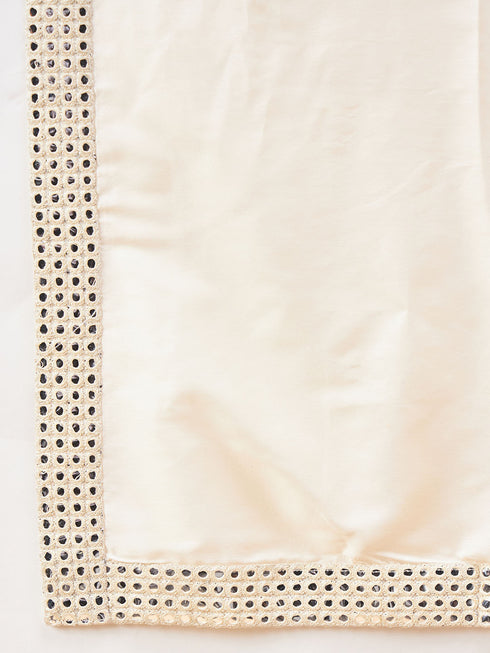 Boy's Cream Mirror Work Jacket And Pleated Kurta Pyjama Set With Ethnic Dupatta